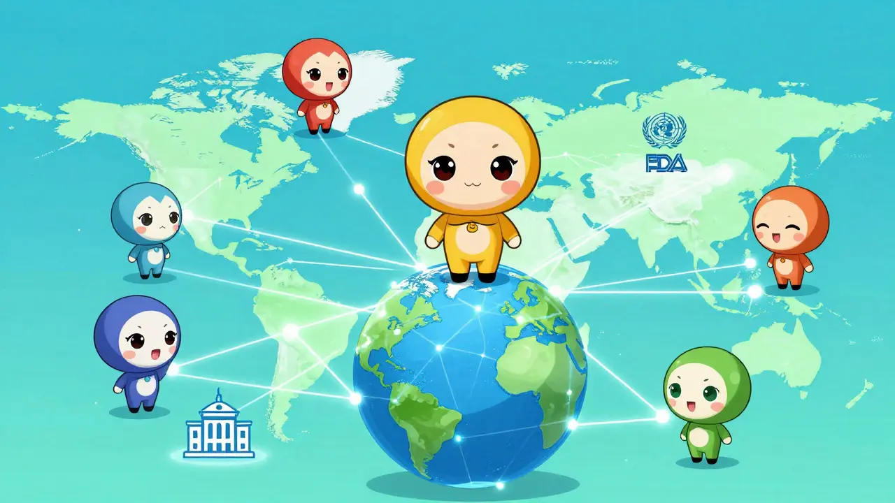 Chibi characters connected globally on a map, symbolizing medication safety networks