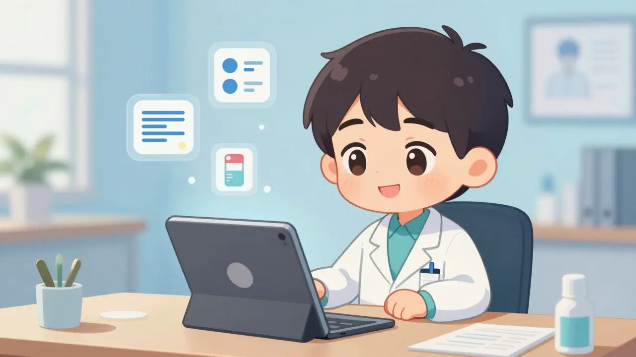 Chibi doctor consulting with patient via video call for prescription