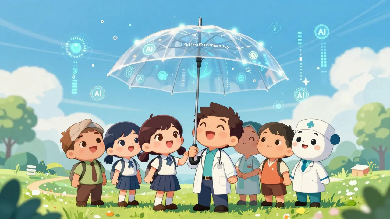 Chibi group collaborating under AI and data transparency umbrella in anime art