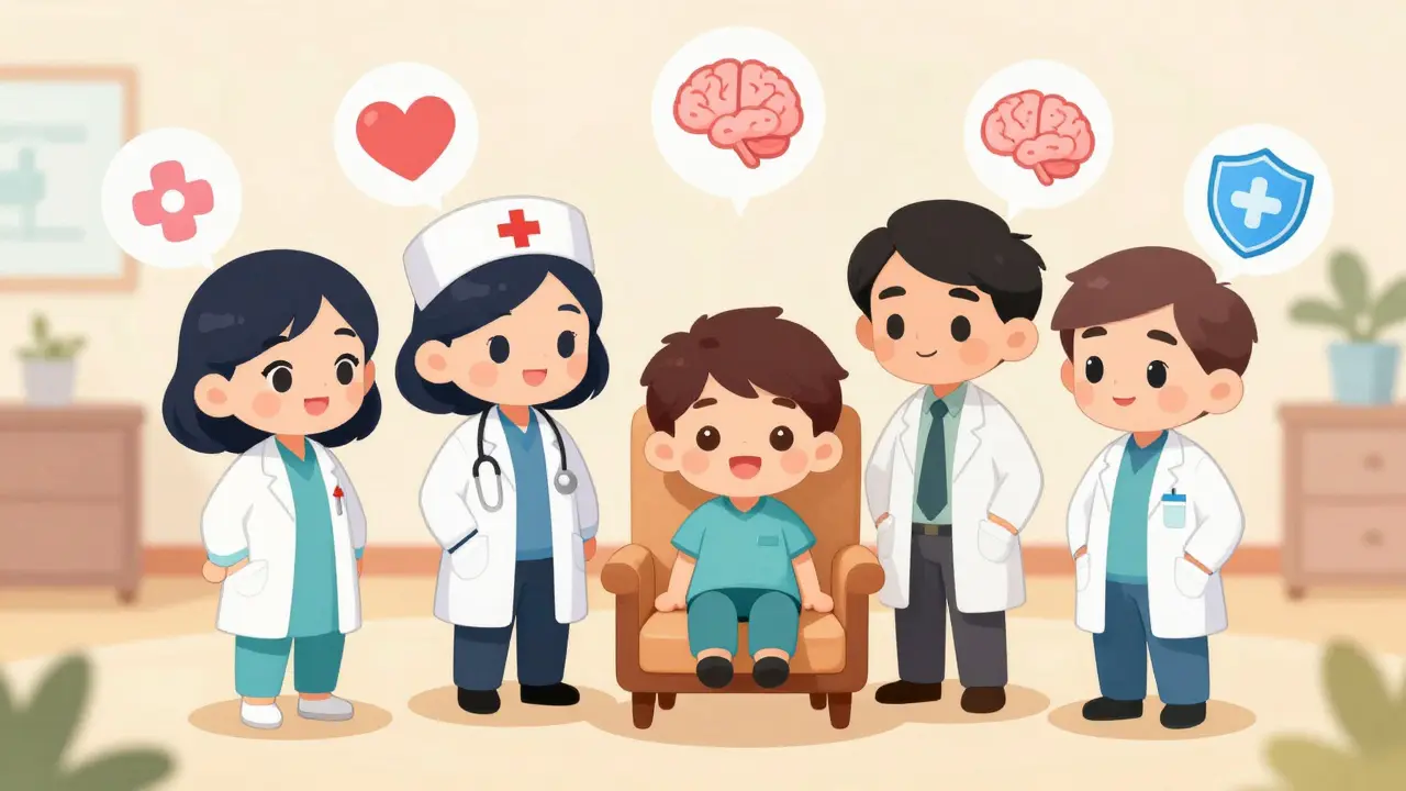 Chibi healthcare team supporting a patient with holistic care icons.