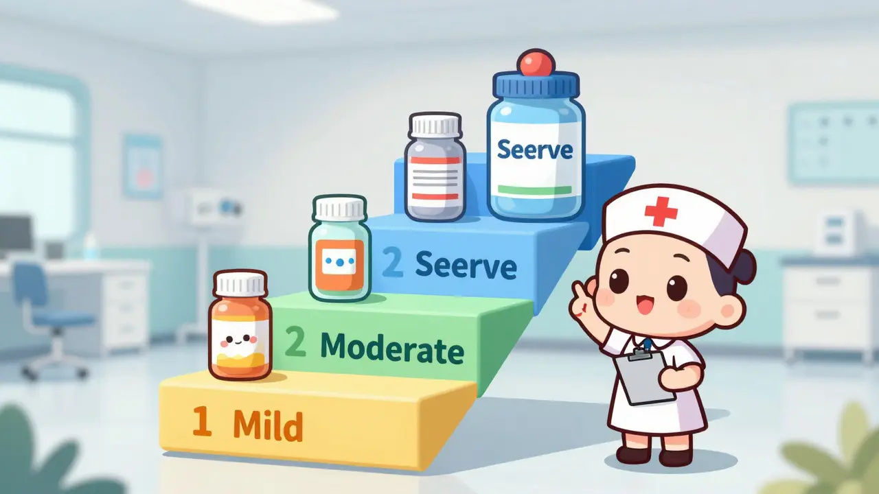 Chibi nurse explaining the three-step pain management ladder.