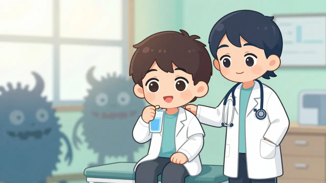 Chibi patient taking medicine with a supportive doctor