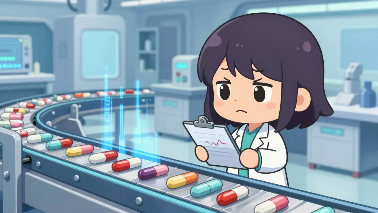 Chibi scientist observing variable pill batches in a lab