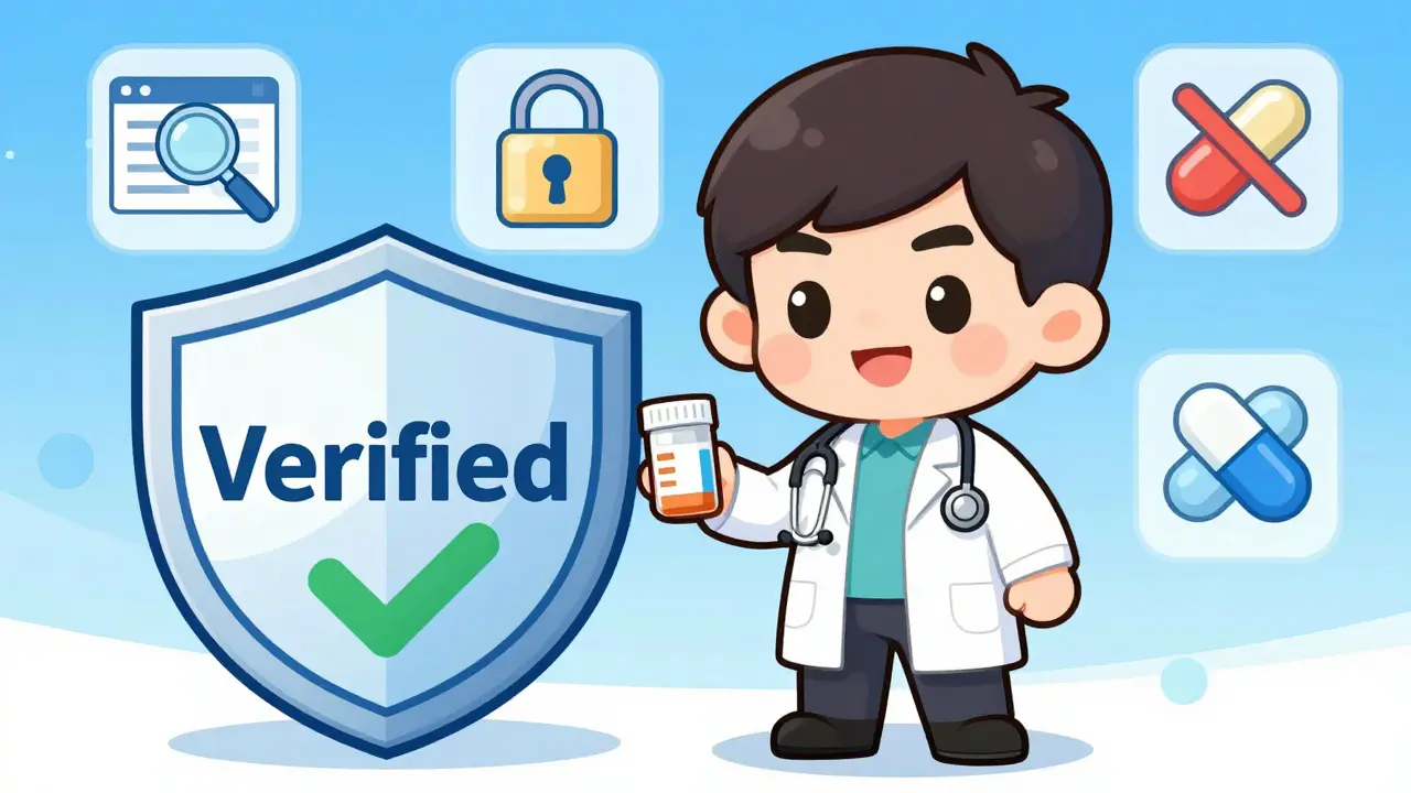 Cute chibi pharmacist verifying safe online pharmacy credentials for a patient.