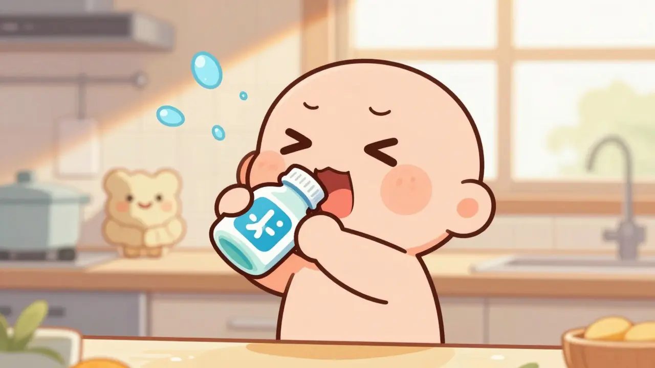 Happy chibi character drinking laxative in sunny kitchen