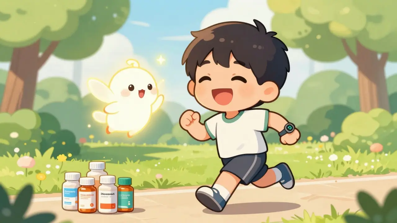 Happy chibi patient jogging with healthy heart guardian spirit