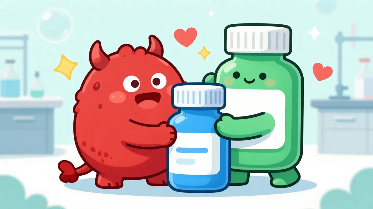 Two cute medicine bottles teamwork defeating a cholesterol monster