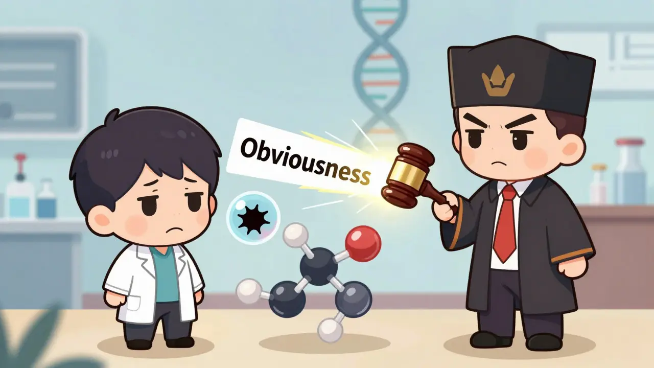 Chibi anime art showing a scientist facing strict patent obviousness rules from a judge.