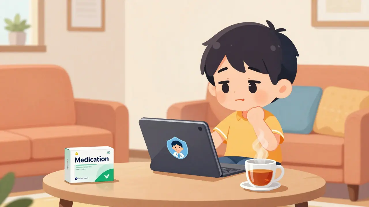 Chibi anime character relaxing at home during a telehealth consultation with medication delivered