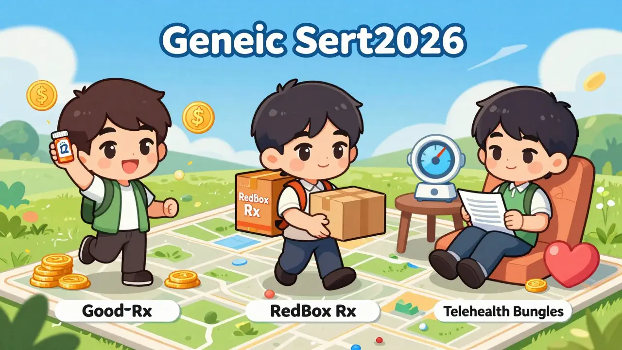 Chibi anime illustration comparing three online pharmacy options for affordable medication
