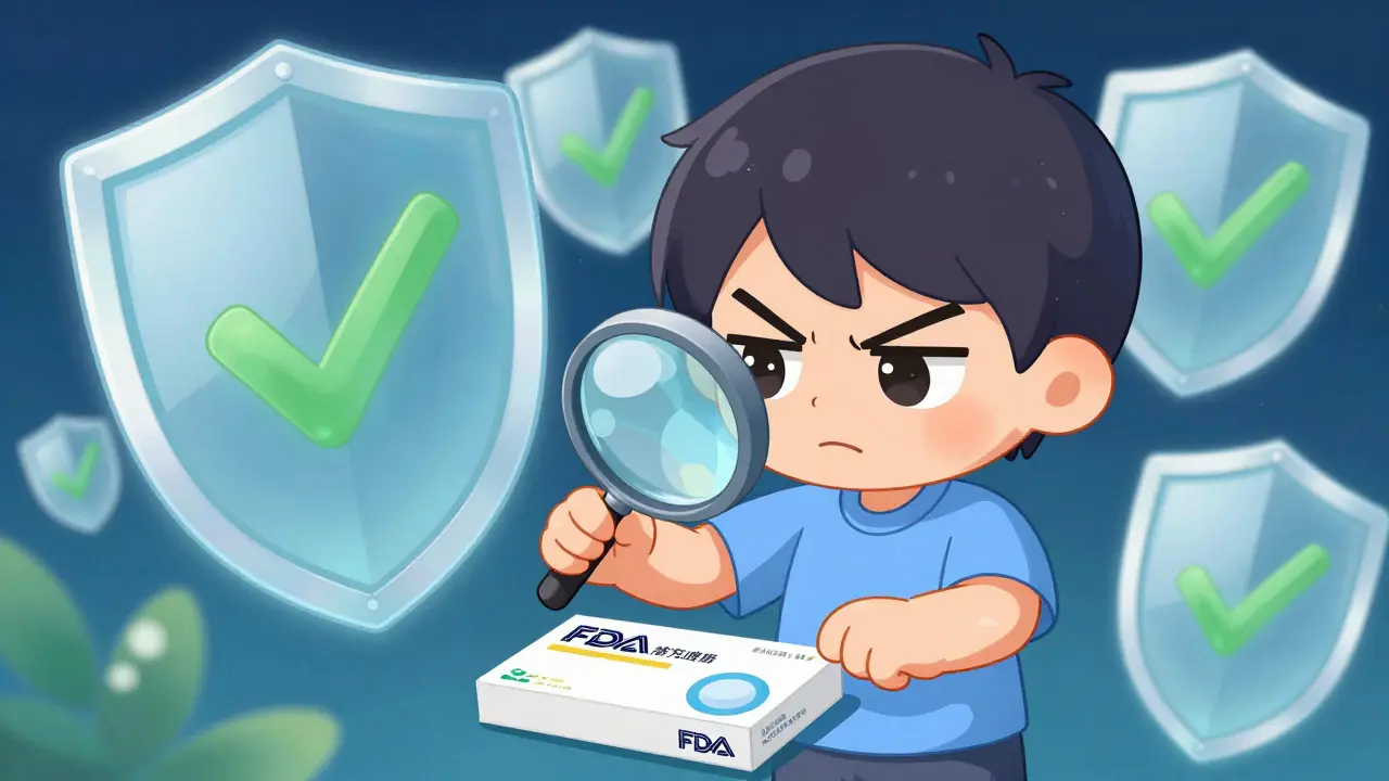 Chibi character inspecting medicine for safety and quality