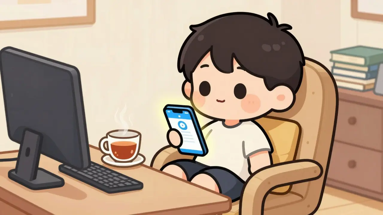 Chibi character using telehealth app on phone at home