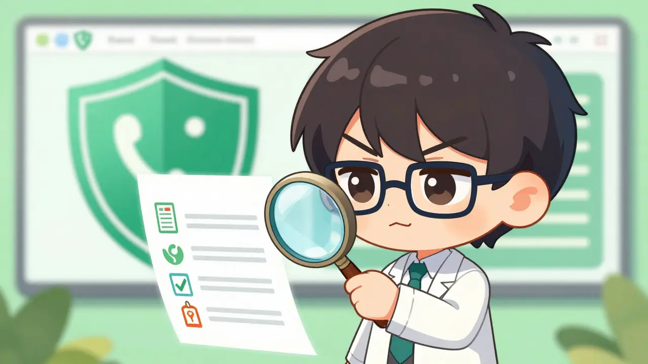 Chibi character verifying pharmacy with magnifying glass and shield