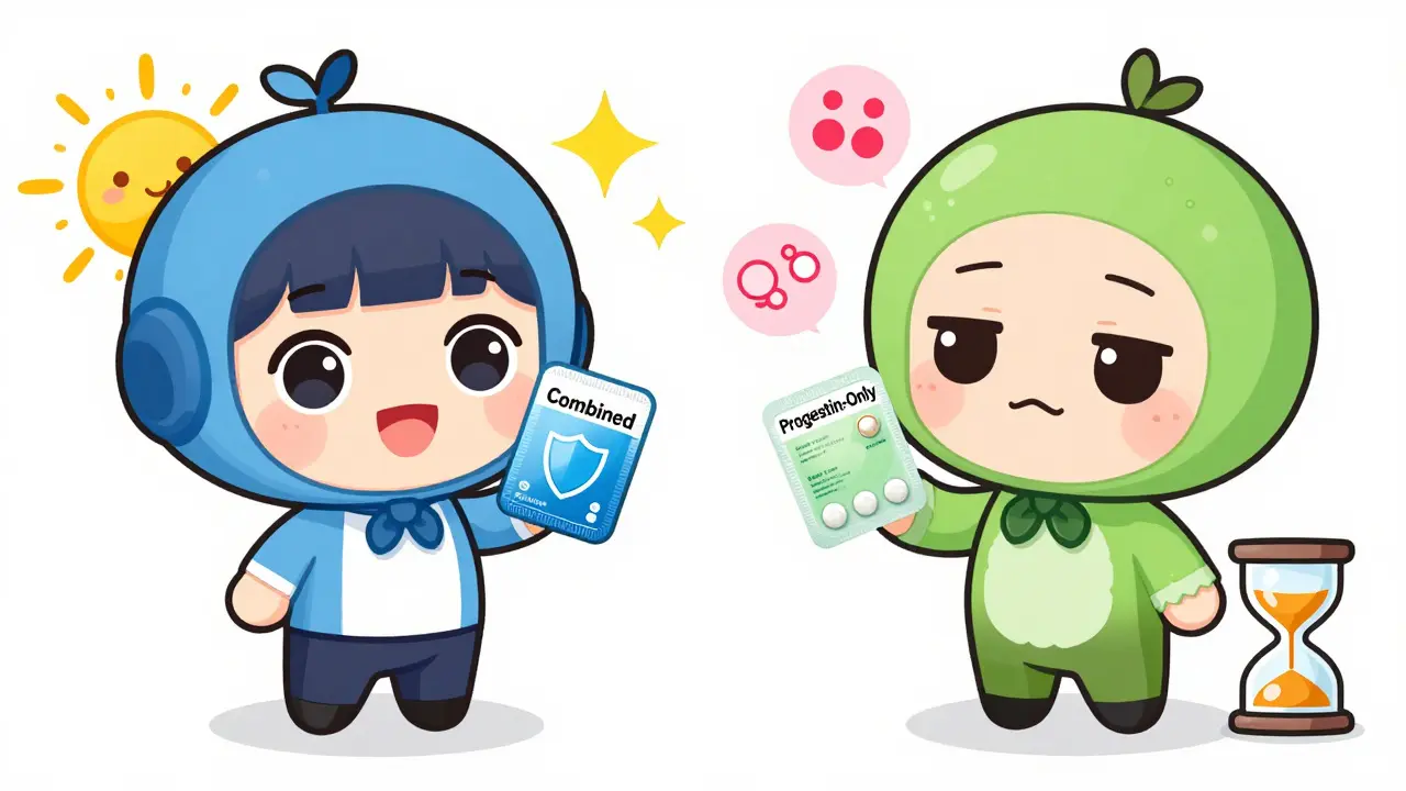 Chibi characters comparing combined vs progestin-only pills