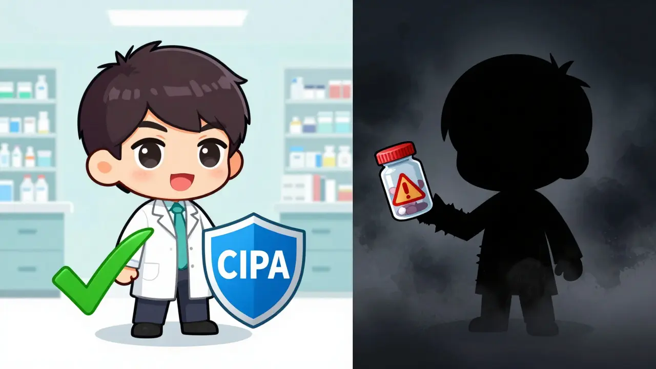 Chibi characters showing safe pharmacy vs risky site