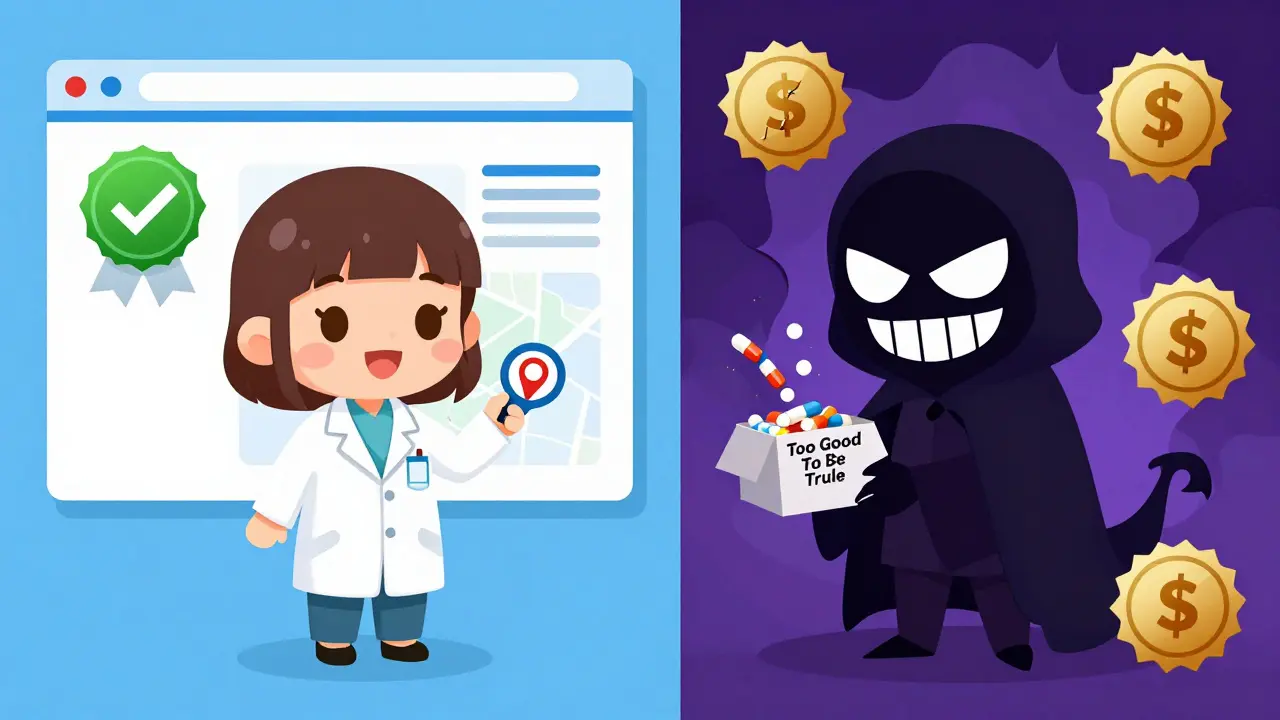 Chibi comparison of safe legitimate vs dangerous rogue pharmacy