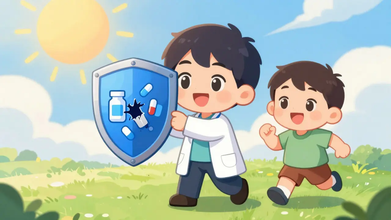 Chibi doctor protecting patient from risky antibiotics with a shield