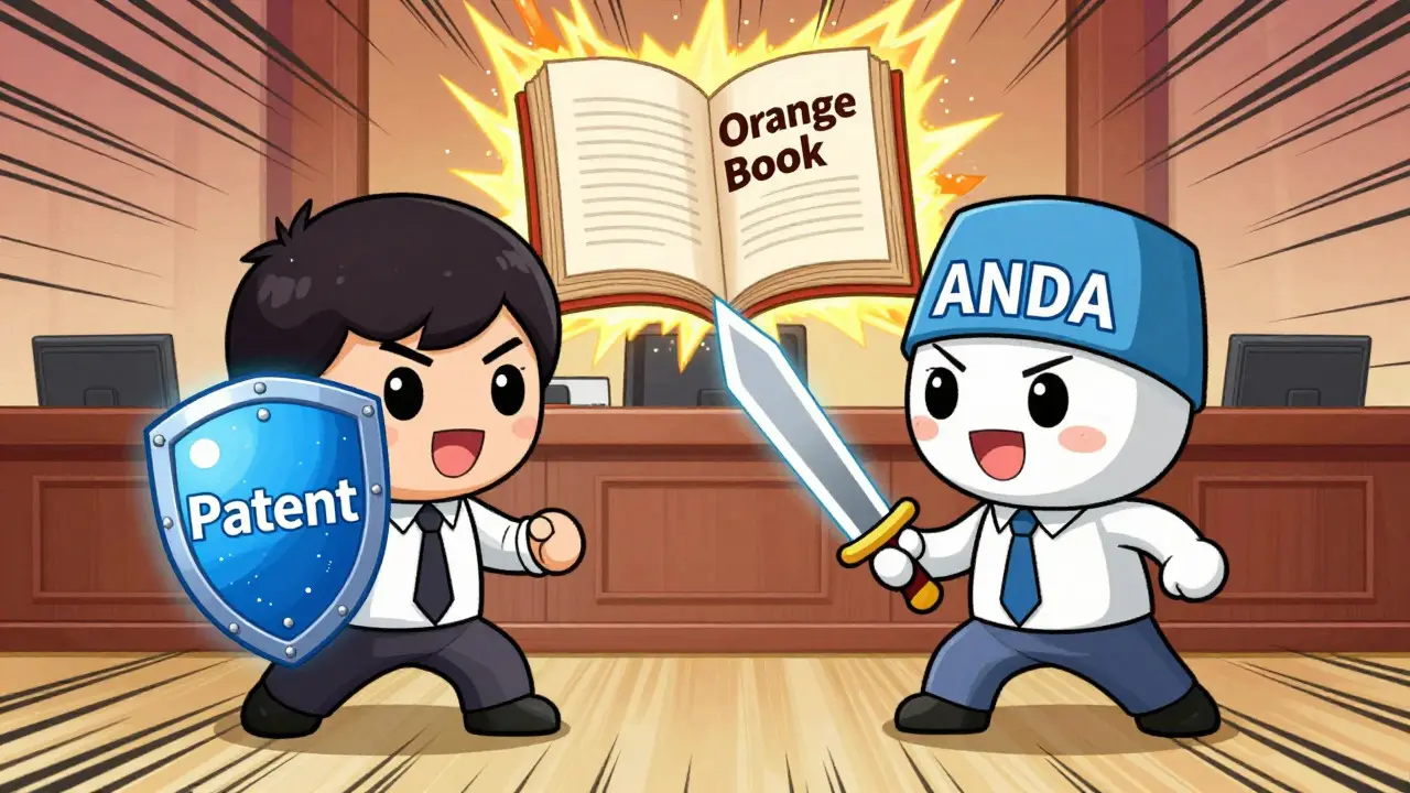 Chibi manga scene of brand vs generic drug companies battling over patents with an Orange Book.