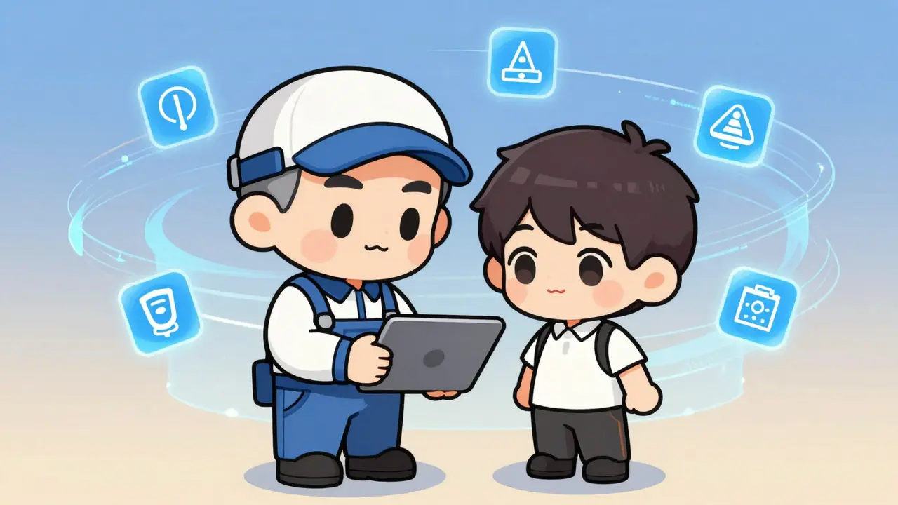 Chibi mentor teaching digital skills to apprentice