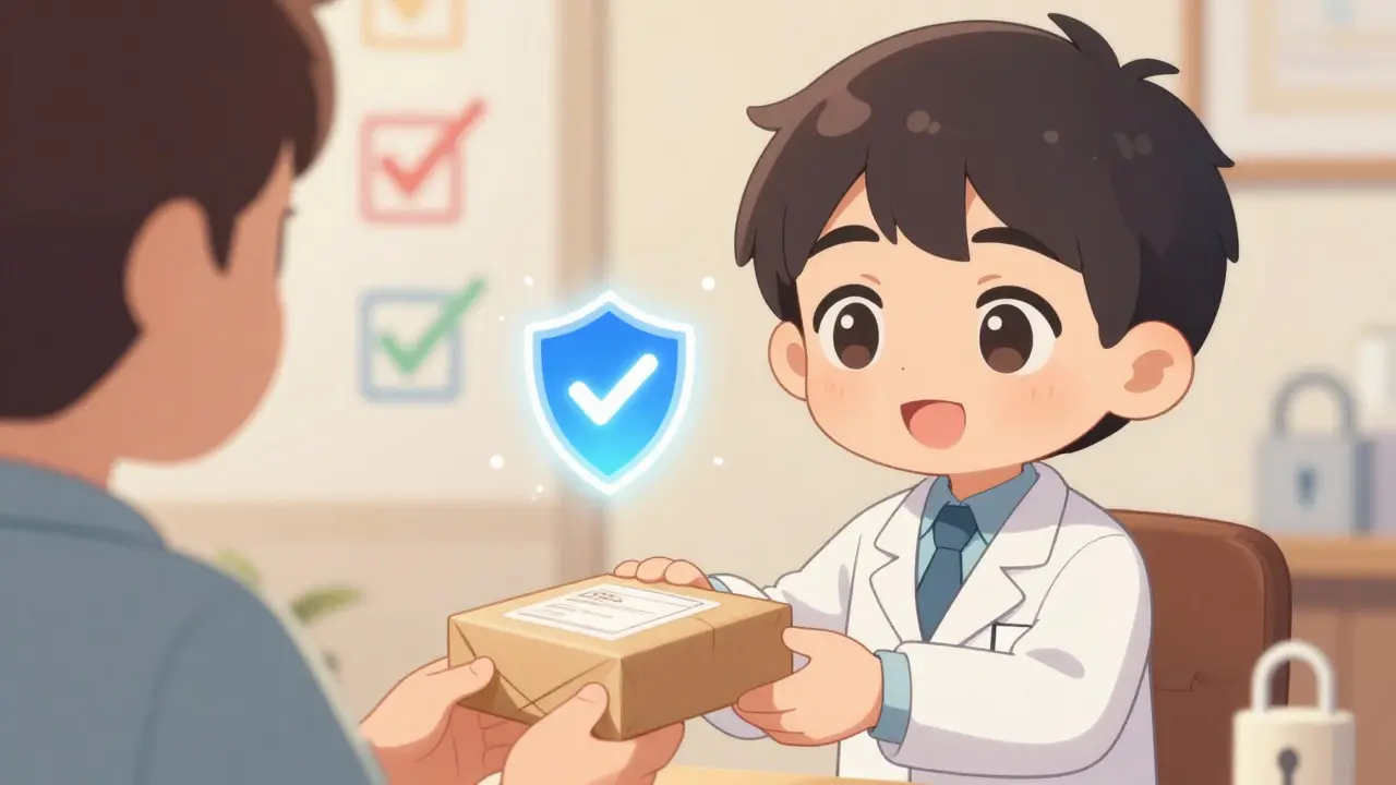 Chibi pharmacist delivering safe medication package