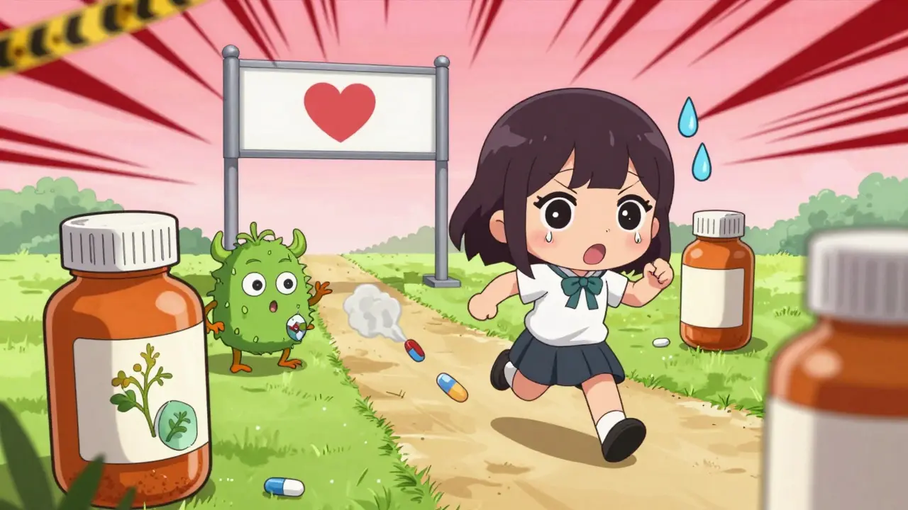 Chibi woman running past interfering medicine bottles