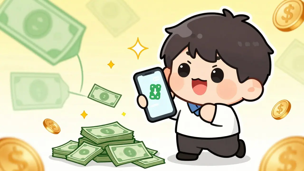 Cute anime character saving money with a digital coupon