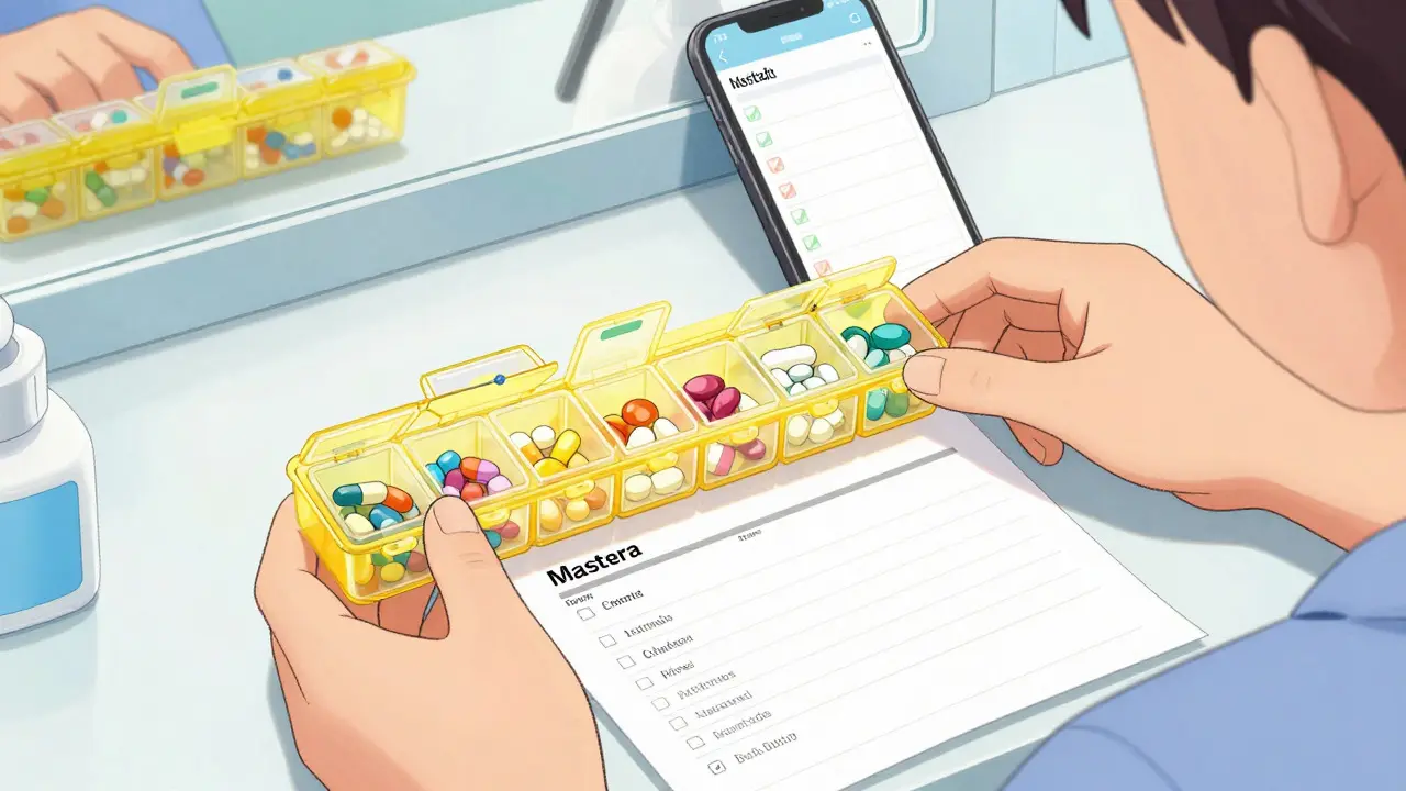 Cute chibi hands filling a weekly pill organizer with meds