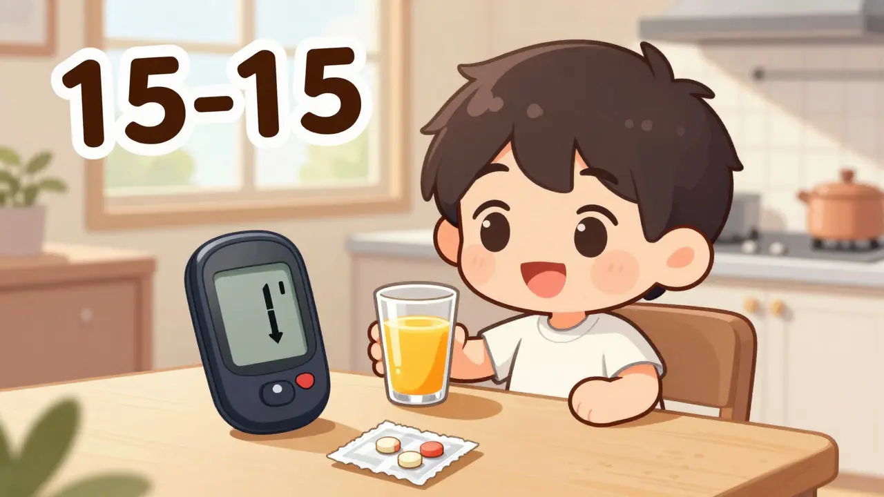 Cute chibi person drinking juice and holding glucose tablets for treatment