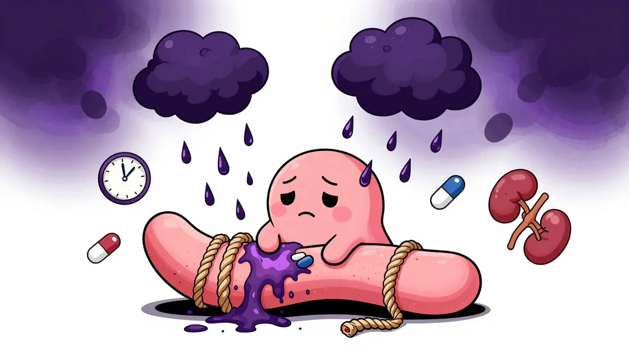 Cute chibi tendon character being damaged by dark drug clouds
