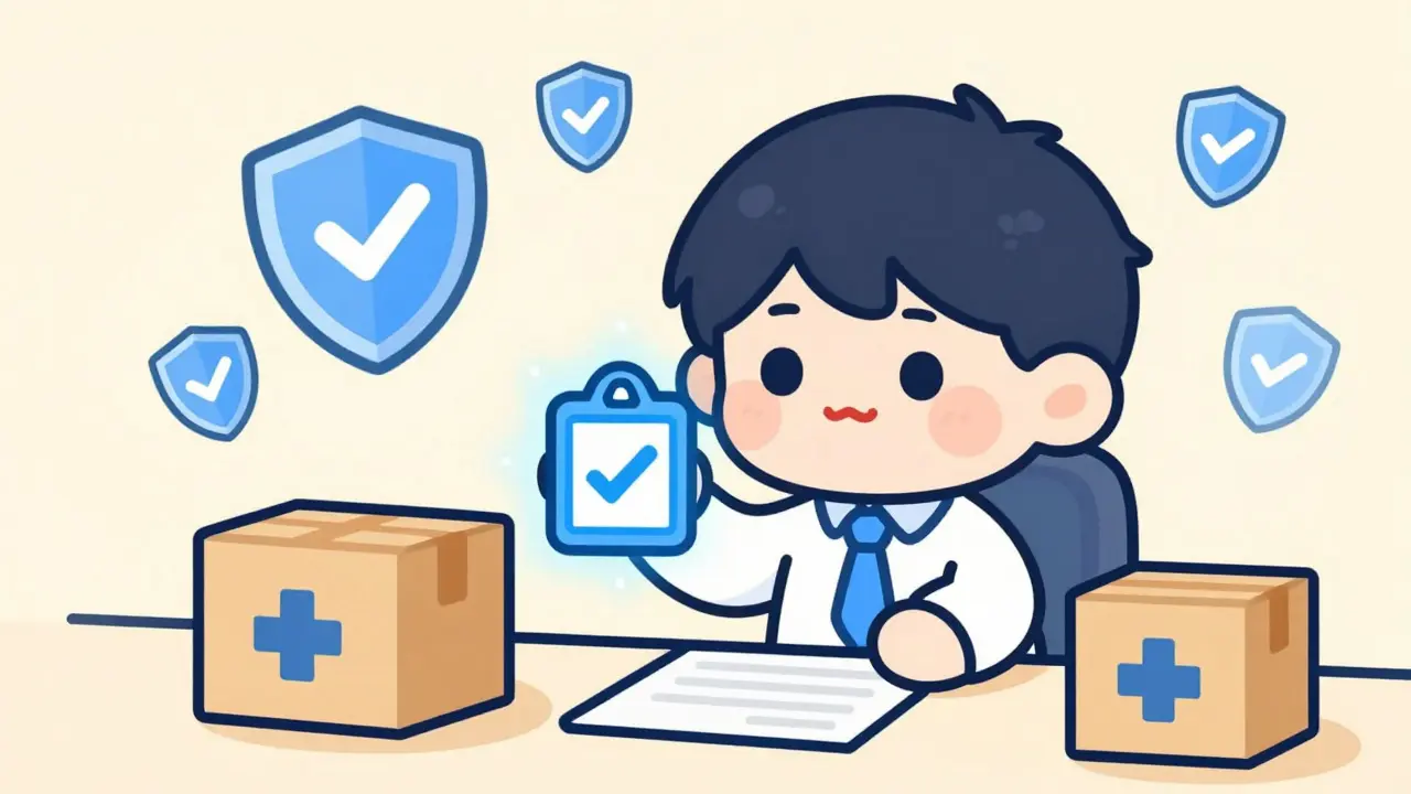 Happy chibi character receiving safe online medication delivery