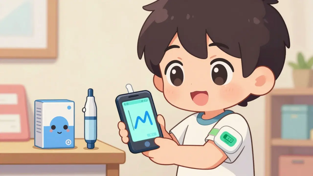Happy chibi character using CGM tech and keeping glucagon kits nearby