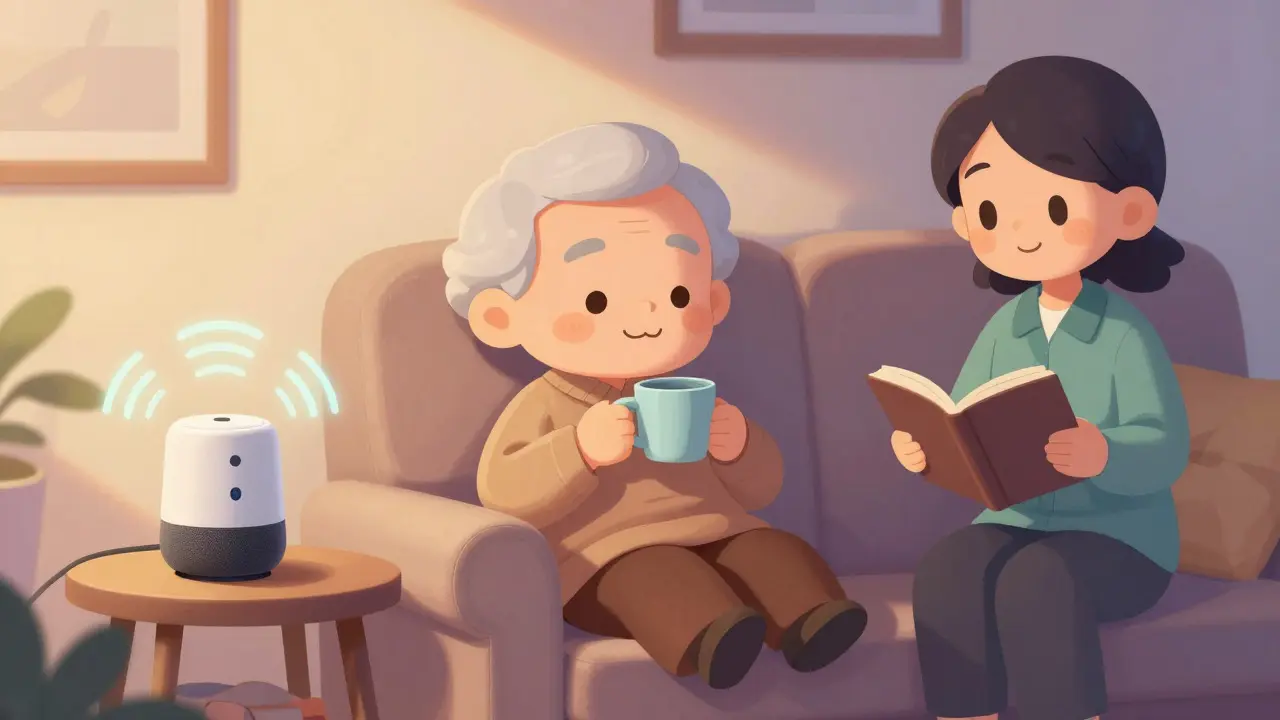 Relaxed chibi elder drinking tea while caregiver reads nearby