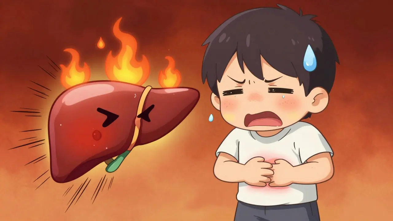 Chibi anime character in pain with an inflamed red liver indicating hepatitis