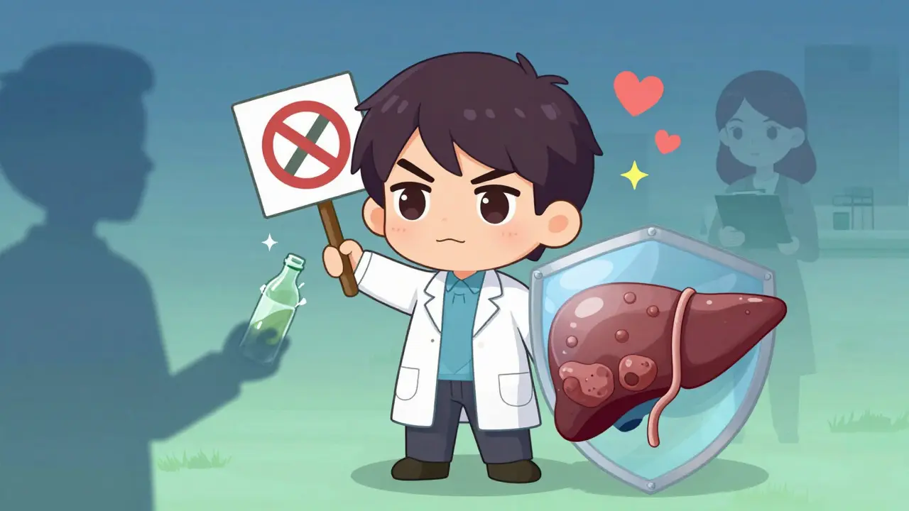 Chibi anime character standing strong with a stabilized cirrhotic liver and support