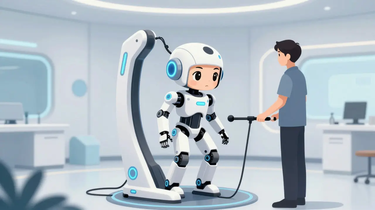 Chibi anime character standing with support from a robotic exoskeleton device