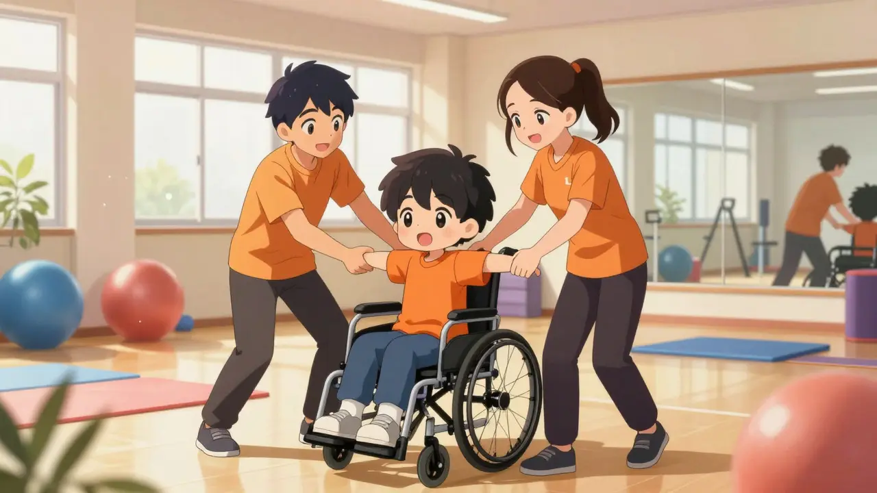 Chibi anime patient receiving physical therapy assistance in a bright rehab gym