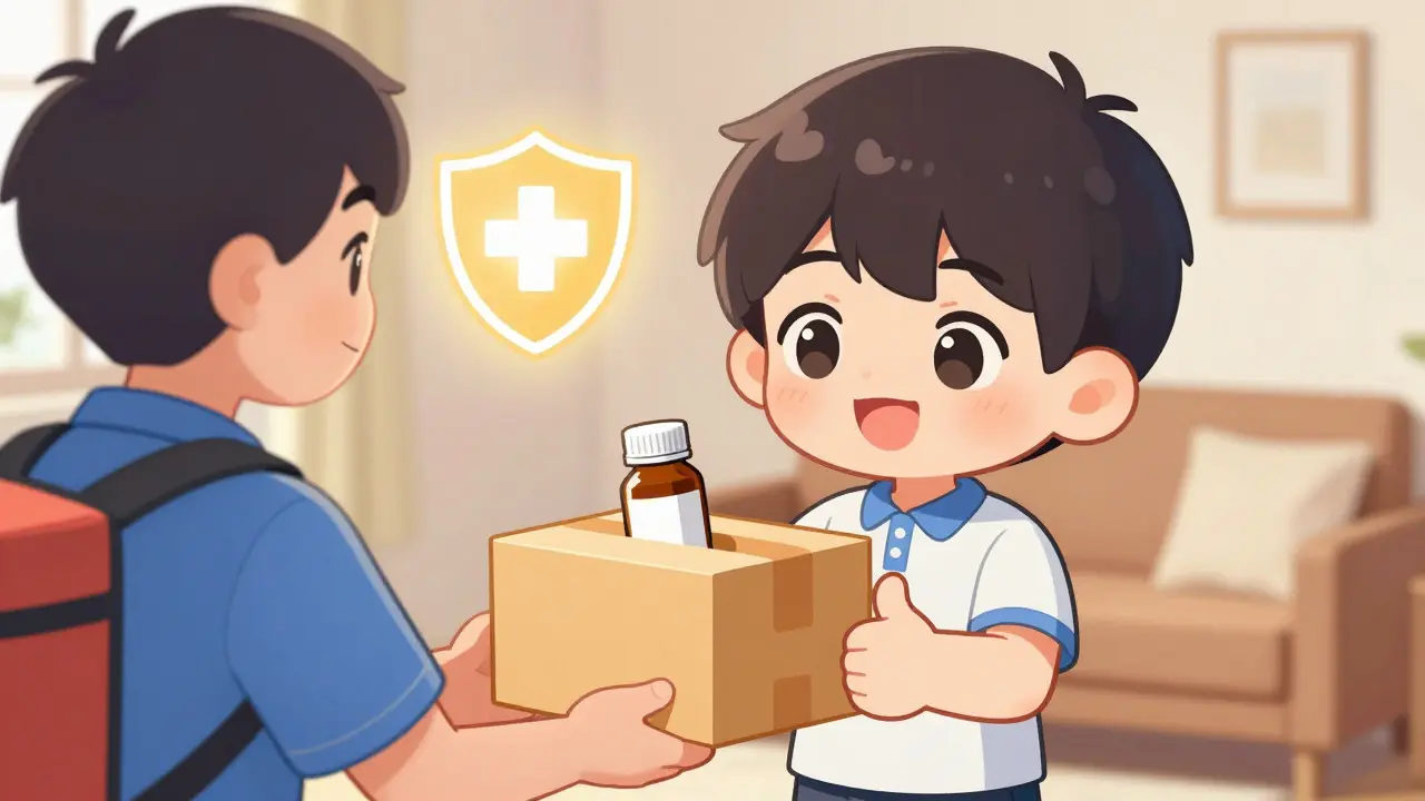Chibi character happily receiving a safe online medication delivery