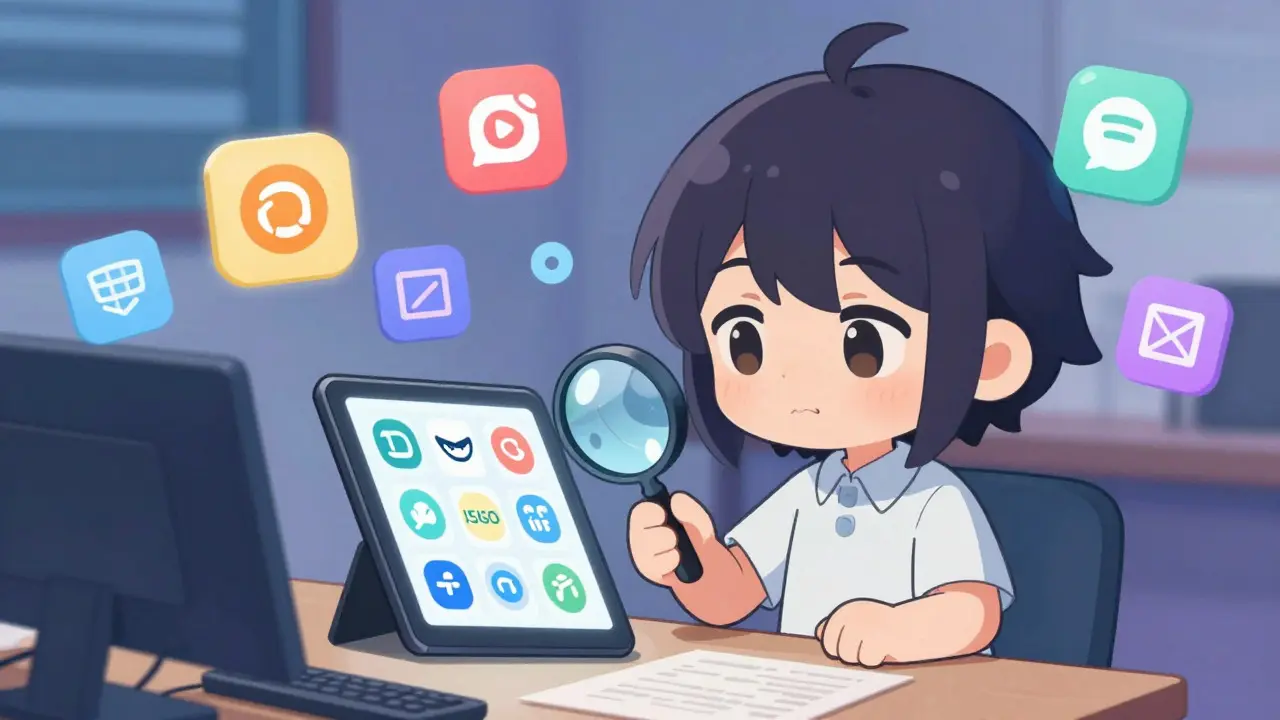 Chibi character researching online pharmacy prices with a magnifying glass