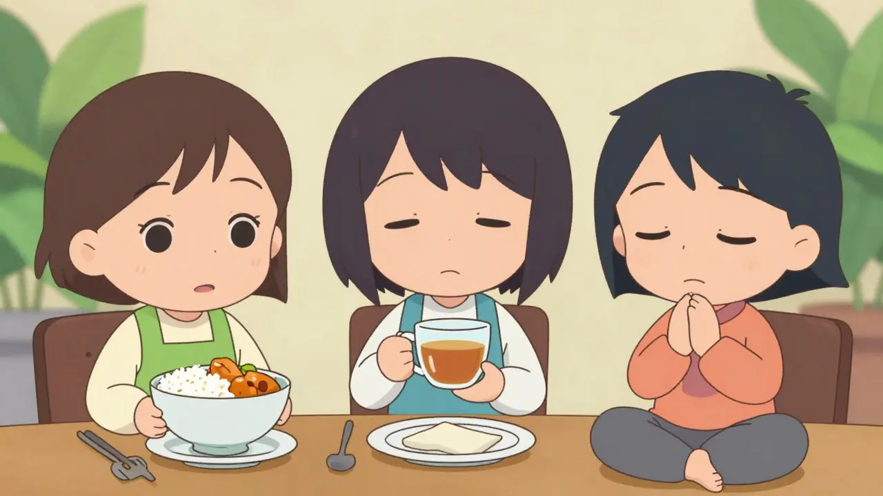 Chibi characters practicing healthy eating and meditation at a dining table