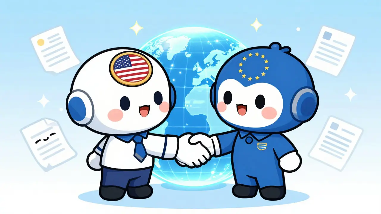 Chibi characters shaking hands over a unified global globe