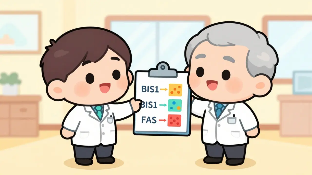 Chibi doctor explains kidney equations to senior patient in clinic