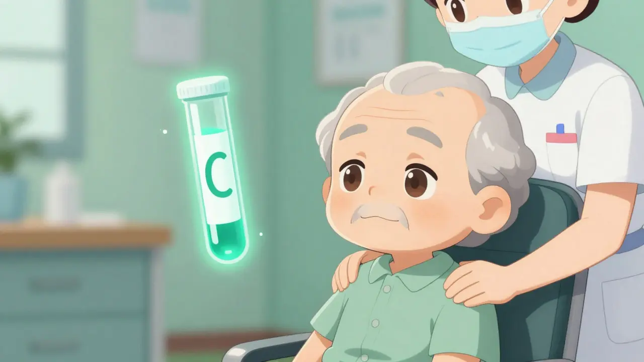 Chibi frail senior receives care with glowing cystatin C test tube