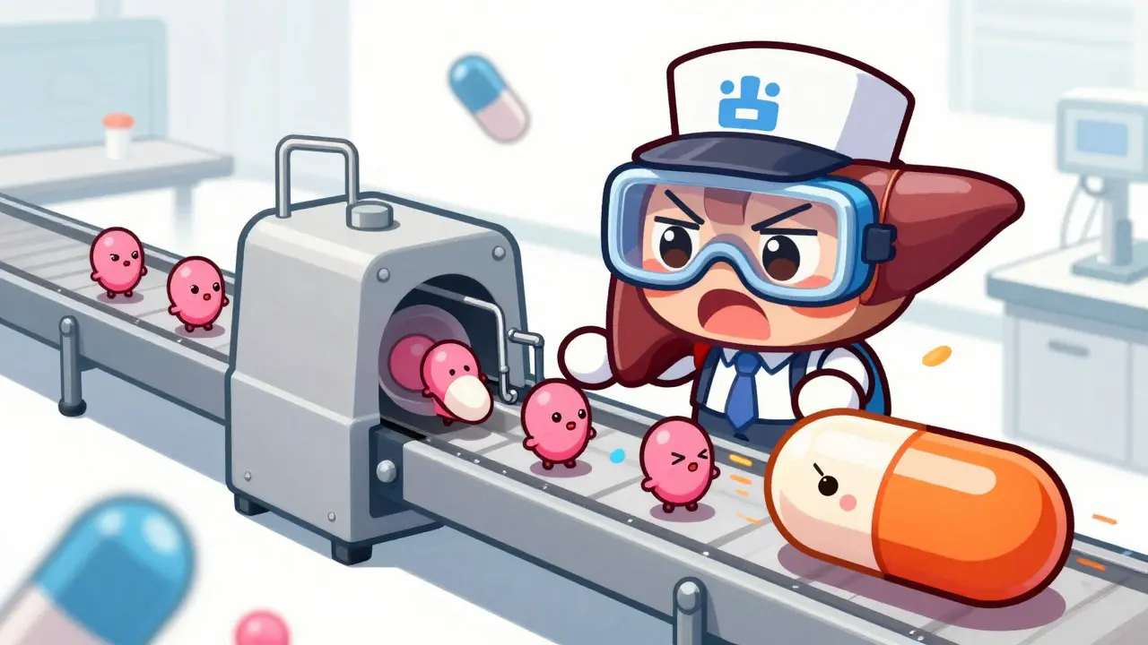 Chibi liver character speeding up hormone breakdown with a machine, illustrating drug interaction.