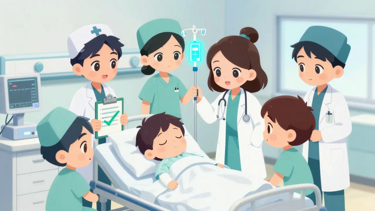 Chibi medical team treating a patient in an ICU setting with supportive care