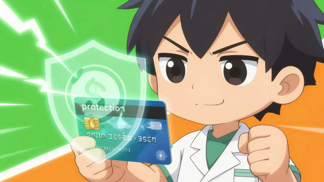 Chibi patient choosing safe healthcare financing over risky credit cards.