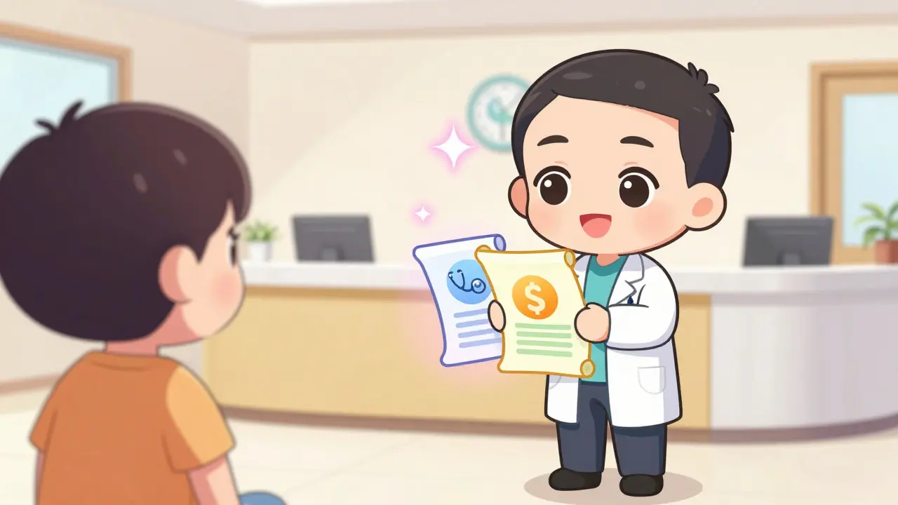 Chibi patient holding separate treatment and payment consent forms.