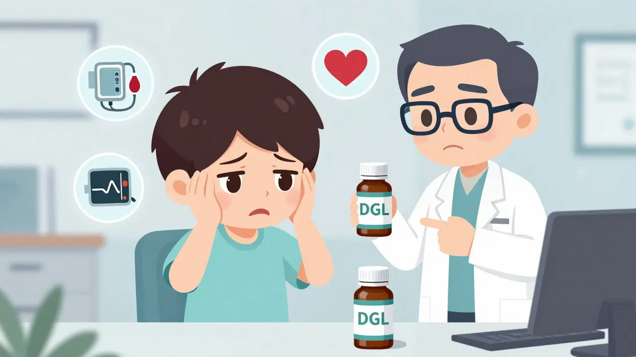 Chibi patient relieved as doctor points to safe DGL licorice label.