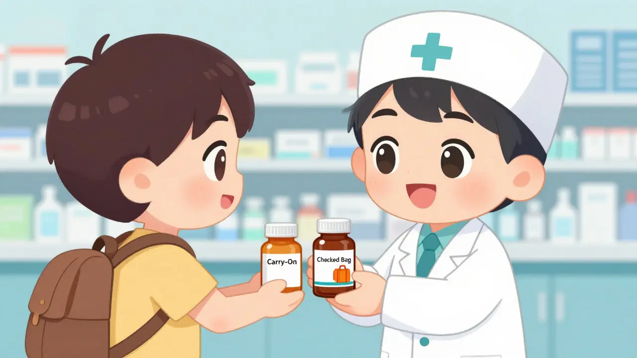 Chibi pharmacist giving dual med bottles to traveler