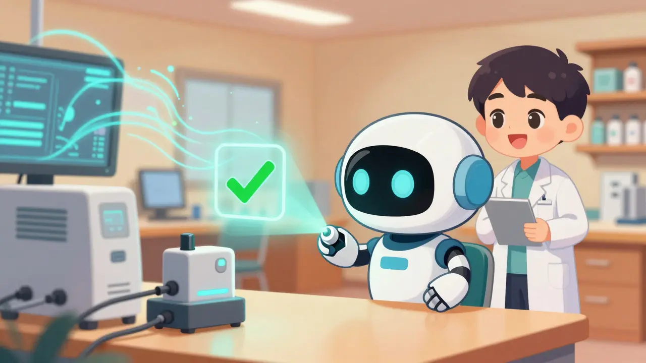 Chibi robot scanning a medical device with AI assistance