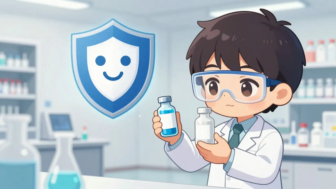 Chibi scientist in a lab verifying drug quality with a protective FDA shield icon